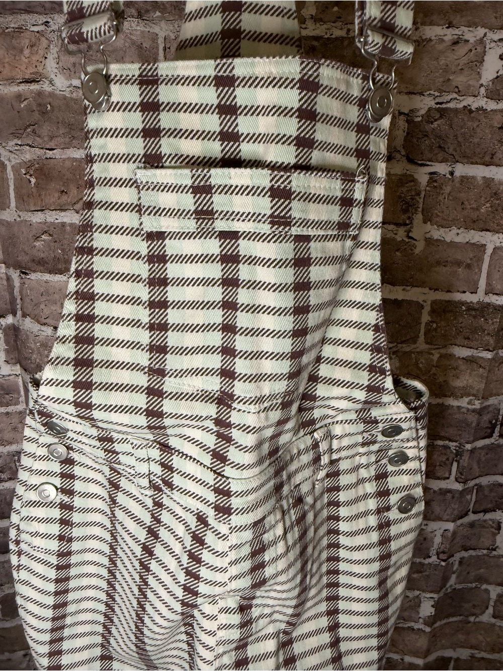 Peach Love California Cream & Brown Plaid Bell Bottom Overalls - Picture 4 of 6
